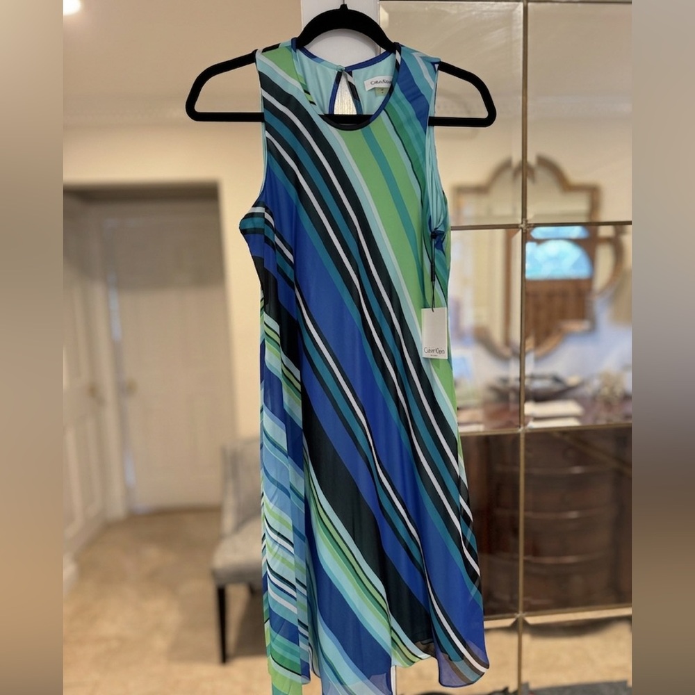 Calvin Klein Blue, Green & Black Striped Casual Dress